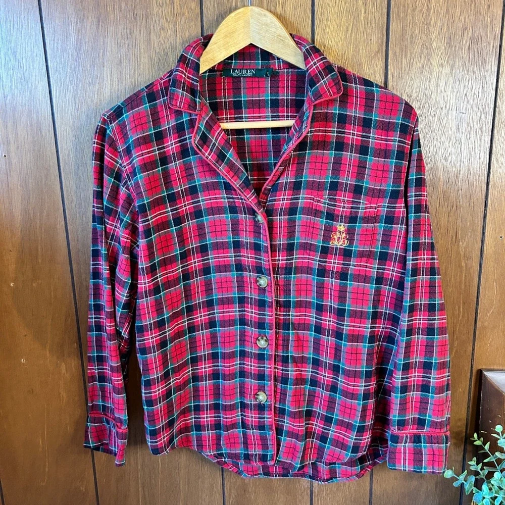 Lauren Ralph Lauren‎ Womens Medium Plaid Pajama Top Button Front Long Sleeve - Picture 2 of 8